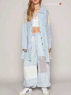 POL OVERSIZED RAW HEM BALLOON SLEEVE 'PATCHWORK DENIM SHACKET' IN BLUE
